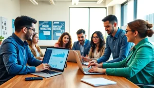 Collaborative digital marketing team analyzing strategies and data in a modern office.