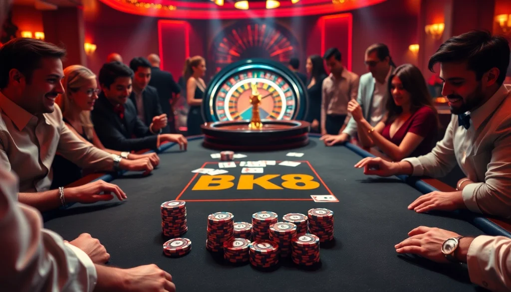 Engaging players at a BK8 poker table with vibrant chips and cards in play.