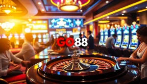Players enjoying immersive gaming experiences at the GO88 casino with roulette and slot machines.
