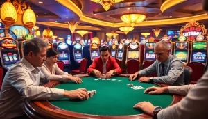 Players competing at a poker table with Gg88 Com branding, showcasing excitement and luxury in online gambling.