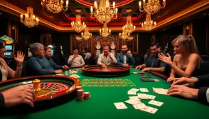 Người chơi tham gia tại bàn casino sang trọng, làm nổi bật các chiến lược cg79 poker và sự hứng khởi với cược cao.