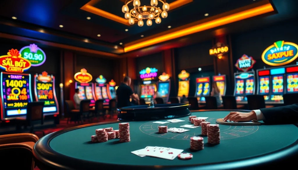 Exciting gambling scene showcasing tải go88 with poker, chips, and a roulette wheel in a vibrant casino setting.