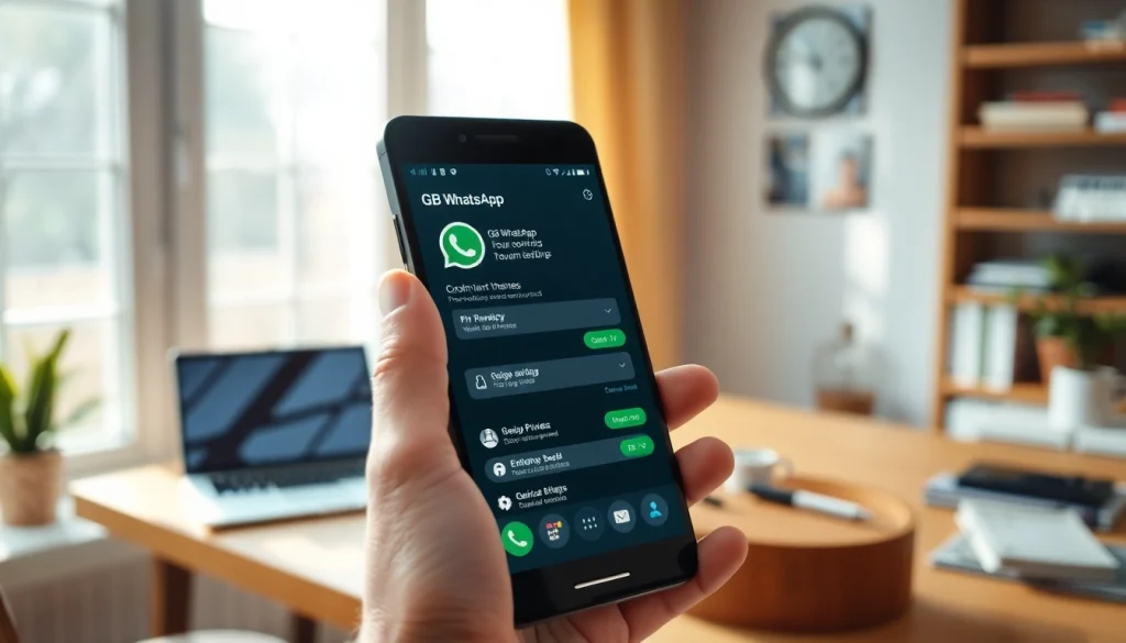 Smartphone showcasing GB WhatsApp features in a modern home office setting.