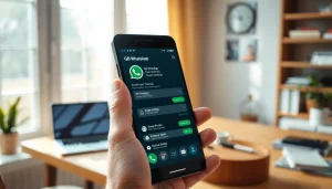 Smartphone showcasing GB WhatsApp features in a modern home office setting.