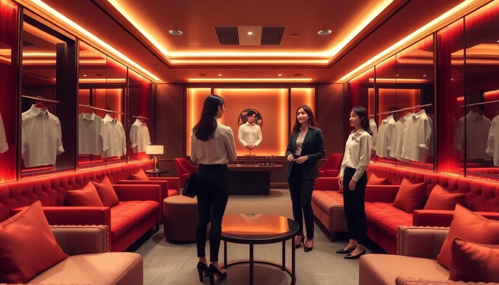 Suwon셔츠룸 showcasing an elegant interior with friendly managers in stylish shirts, inviting guests for a unique experience