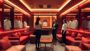 Suwon셔츠룸 showcasing an elegant interior with friendly managers in stylish shirts, inviting guests for a unique experience