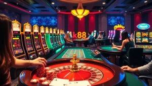 Exciting scene showcasing ok88 online gambling with vibrant casino tables and slot machines.