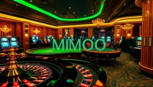 Players engaging in thrilling casino games with MMOO branding visible on elegant tables and machines.