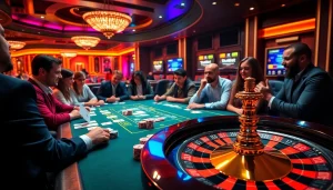 Thrilling casino scene with players enjoying games at thabet, showcasing excitement and luxury.