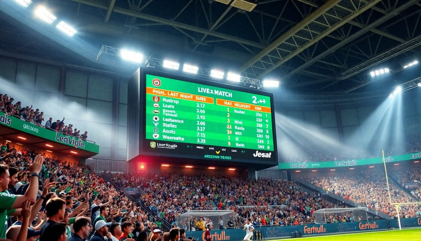 Check out ผลบอลเมื่อคืนนี้ทุกลีก live scores on a vibrant football scoreboard amid an energetic sports crowd.