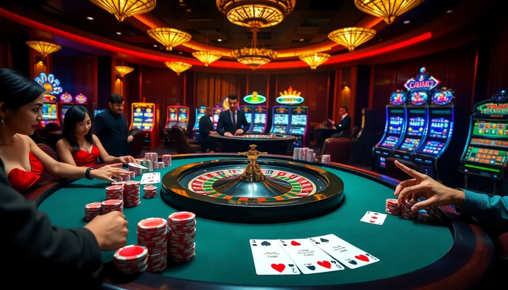 Experience the thrill of j88 with a vibrant casino scene featuring roulette, poker chips, and excitement.