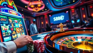 S88BET player spinning a colorful slot machine in a lively casino atmosphere