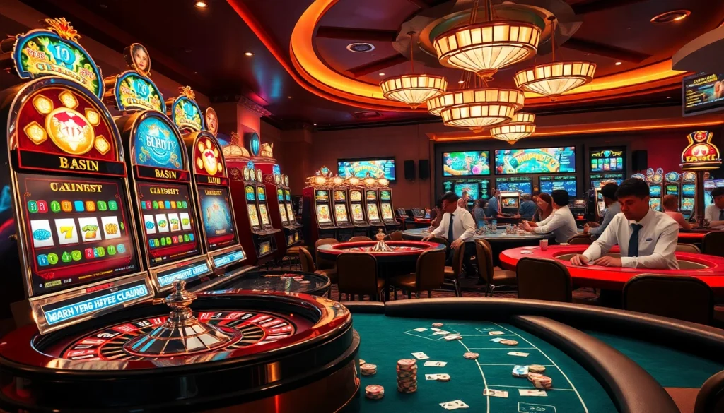 Players celebrating wins at vibrant nổ hũ 90 slot machines in a luxurious casino atmosphere.