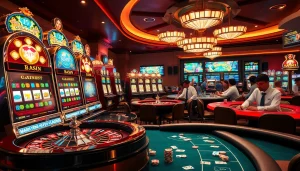 Players celebrating wins at vibrant nổ hũ 90 slot machines in a luxurious casino atmosphere.