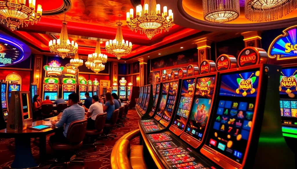 Experience the excitement of slot naga169 login with players at vibrant casino slot machines.
