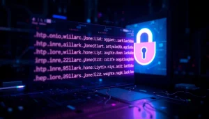 The hidden wiki interface depicting various .onion URLs in a dark web environment, illuminated with neon highlights.