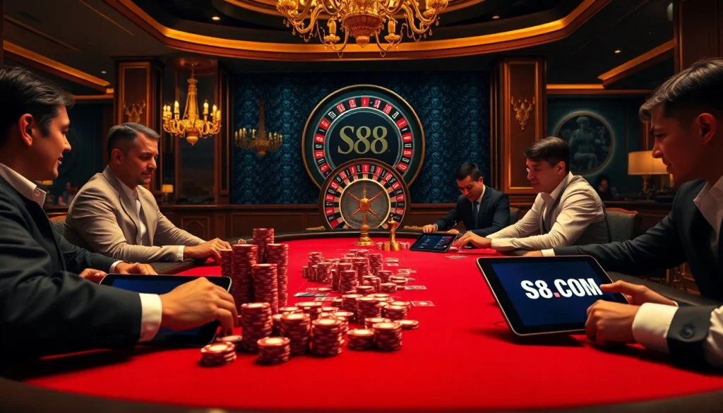 Experience the excitement at S8.COM with vibrant poker chips and a professional dealer.