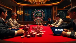 Experience the excitement at S8.COM with vibrant poker chips and a professional dealer.