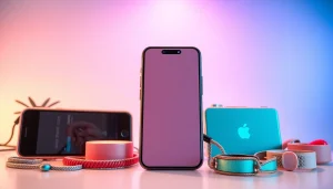 Engaging MMOO accessories displayed with sleek gadgets in a vibrant tech setting.