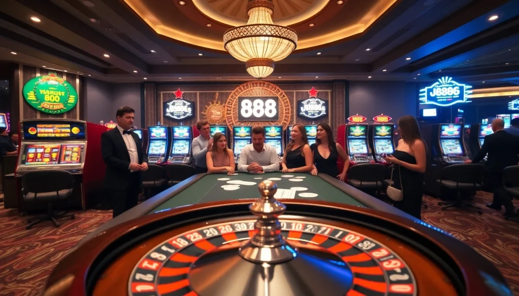 Excited players engage at U 888's glamorous poker table, surrounded by vibrant slot machines.