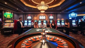 Excited players engage at U 888's glamorous poker table, surrounded by vibrant slot machines.