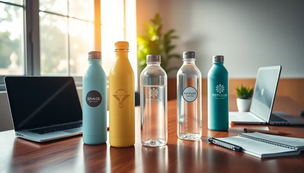Spauda ant gertuvių matoma ant stilingų vandens butelių šiuolaikinėje biuro aplinkoje.