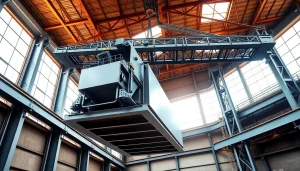 Double girder bridge crane lifting a heavy metal structure in an industrial factory setting, showcasing its robust design and functionality.