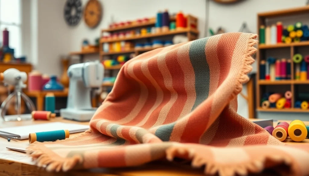 Bekijk de Brabantse bont ruitjes stof in een creatieve werkplaats, met kleurrijke garens en naaigereedschap.