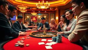 Visual representation of excitement at Nhà cái 789P casino table with poker chips and roulette wheel.