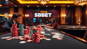 SBOBET gamblers enjoy high-stakes betting at a luxurious casino table with vibrant poker chips.