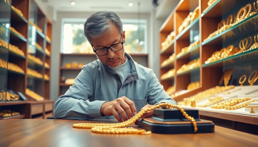 Acquistare oro usato con valutazione esperta da un gioielliere professionista in un ambiente luminoso.
