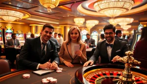 Exciting gambling action at https://xx88.nl/ with diverse players winning at poker tables and slot machines.