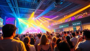 Dynamic entertainment scene featuring KJC365 with lively crowds and performers.
