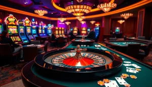 Nohu90 enhances the excitement at a dynamic casino roulette table with vibrant surroundings.