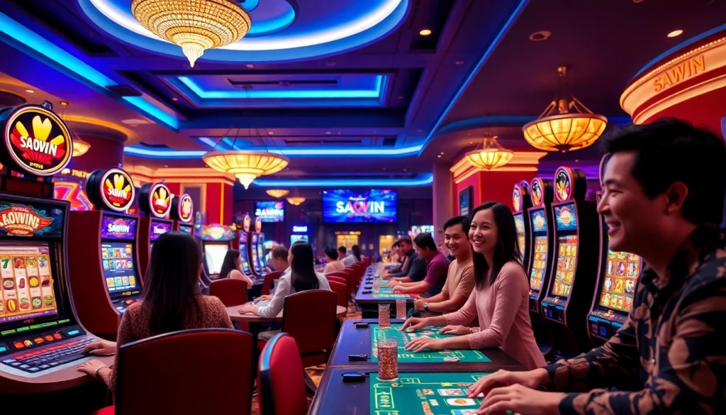 Cảnh chơi game đầy phấn khích tại SAOWIN với người chơi tham gia baccarat và máy xèng, thể hiện trải nghiệm cá cược trực tuyến sôi động.