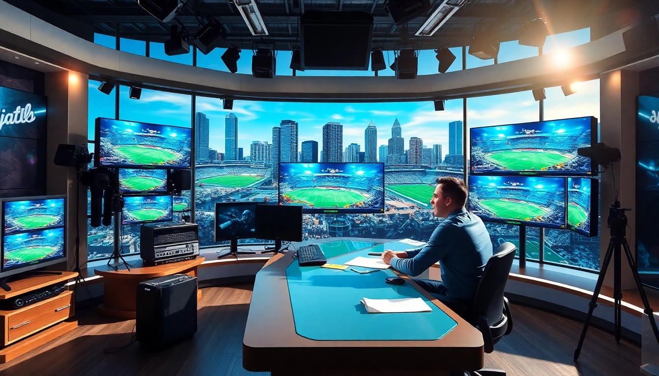 Engaging scene of Sports Broadcasting studio with vibrant colors and dynamic atmosphere.