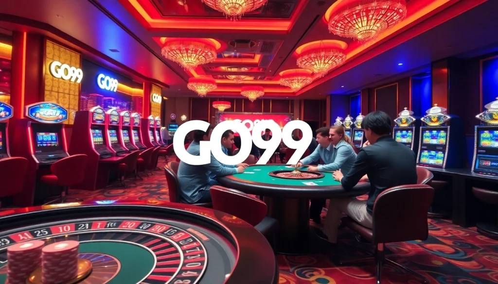 Experience the excitement of gambling at GO99, featuring poker tables and vibrant casino interior.