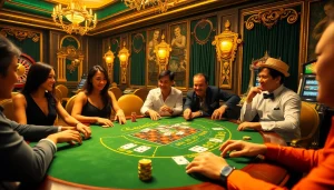 Players enjoying a thrilling game at Go8 Casino with poker chips and cards at a luxurious table.