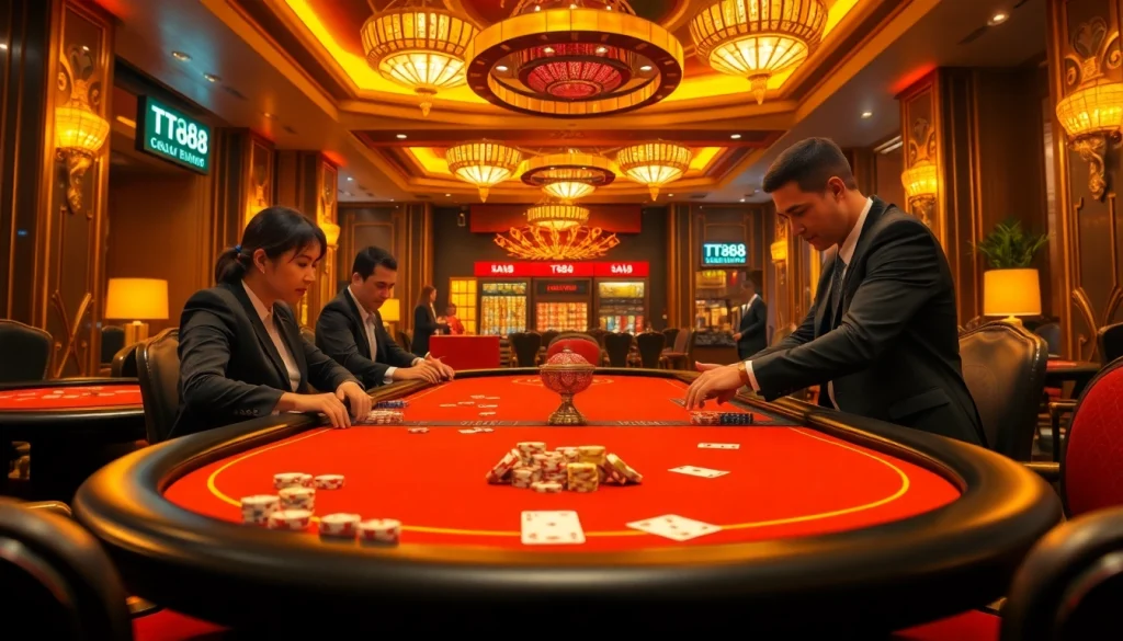 Experience the thrill of TT88 with engaged gamblers at a vibrant casino table.