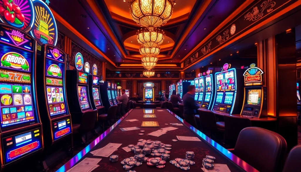 Players engaged with slot machines at a vibrant slot777 casino, showcasing a lively gambling atmosphere.