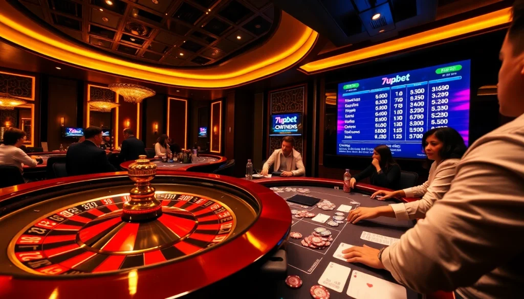 Action-packed casino scene showcasing players at roulette, featuring 7upbet betting slips.
