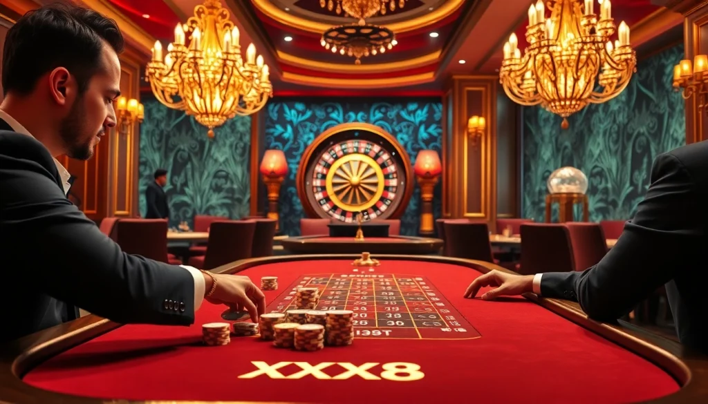 Engaged players at a luxurious poker table featuring the keyword xx88 among glamorous casino elements.