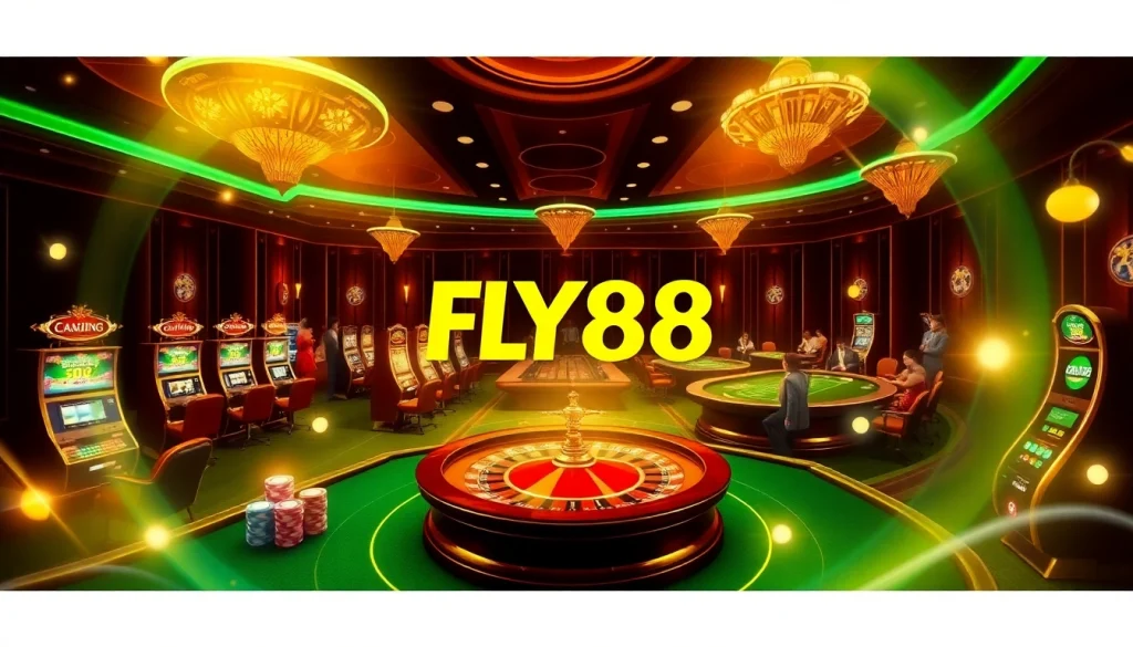 FLY88 đăng nhập interface showcasing vibrant casino elements like tables, slots, and poker chips.