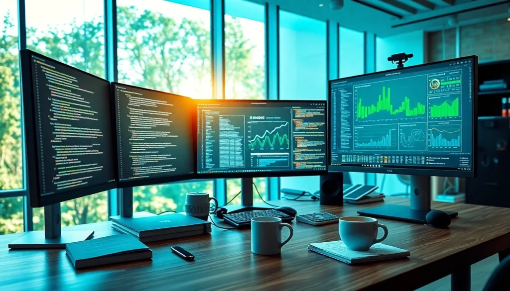 Innovative software engineering workspace showcasing advanced coding and finance analytics