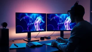 Innovative workspace featuring NSFW AI-generated images on dual monitors, showcasing advanced technology.