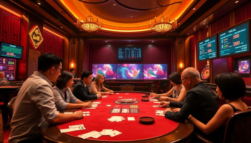 Exciting betting scene at nhà cái đá gà, highlighting vibrant cockfighting action and enthusiastic gamblers.