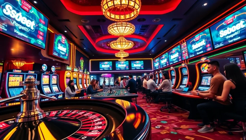 Exciting casino scene showcasing sbobet link alternatif with players enjoying roulette and slot machines.