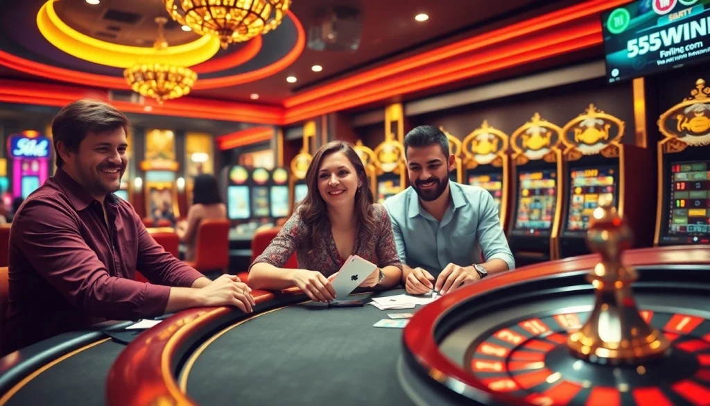 Exciting gameplay at 555win com casino with roulette wheel and poker table scene.