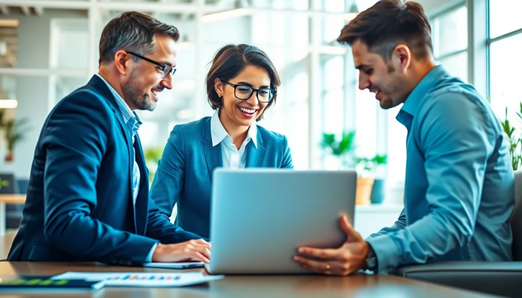 Engaging in B2B sales jobs with high commission and collaborating with colleagues in a vibrant office.