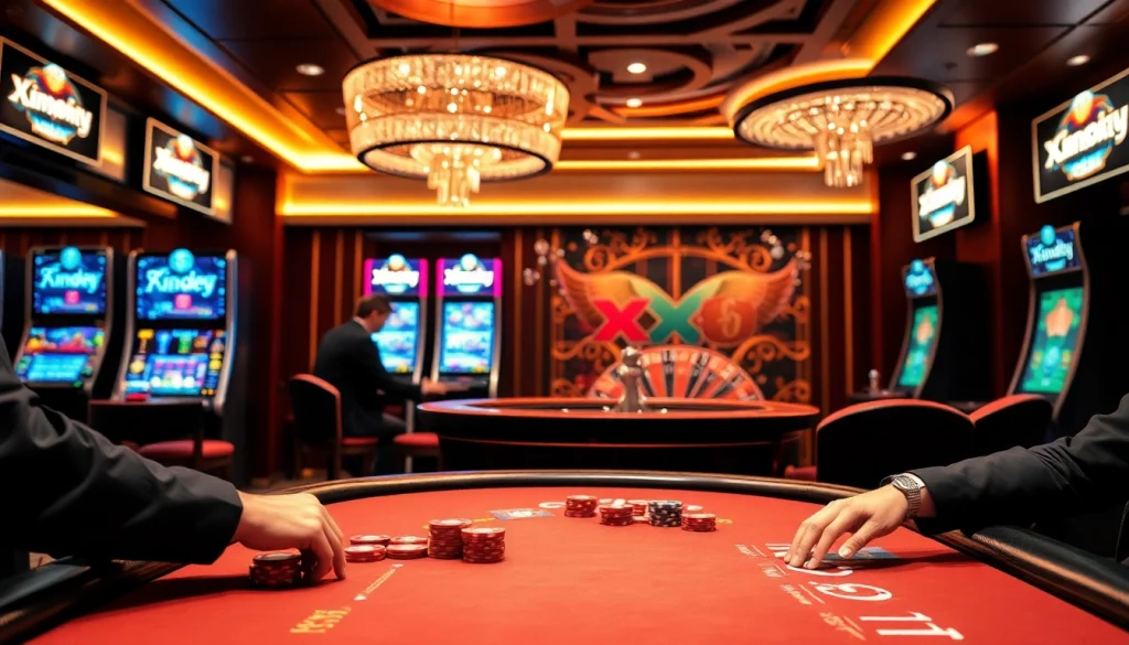 Experience the thrill of gambling at xin88hv.club with luxurious casino tables and vibrant slot machines.